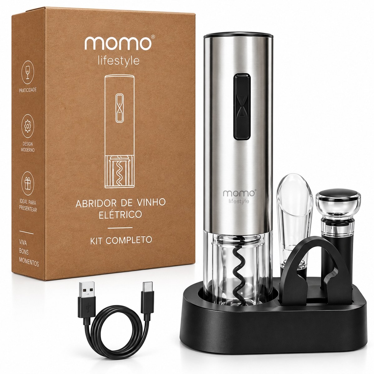 Kit Abridor de Vinho Elétrico Automático Momo Lifestyle