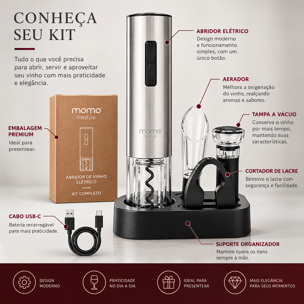 Kit Abridor de Vinho Elétrico Automático Momo Lifestyle