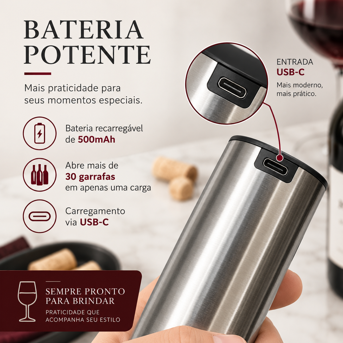 Kit Abridor de Vinho Elétrico Automático Momo Lifestyle
